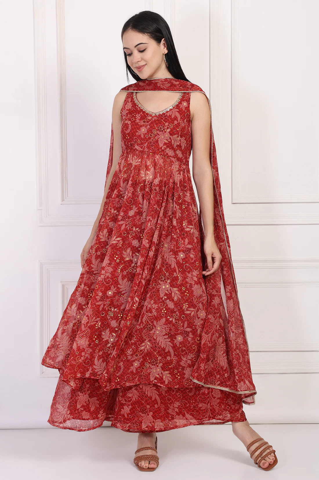 Red Floral Printed Lace Trim Anarkali Chiffon Kurta